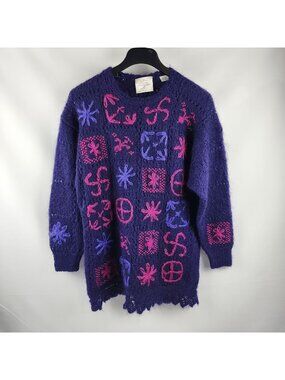 Handknitted Internationale Express Sweater Vintage 80’s Blue Purple Mohair L3